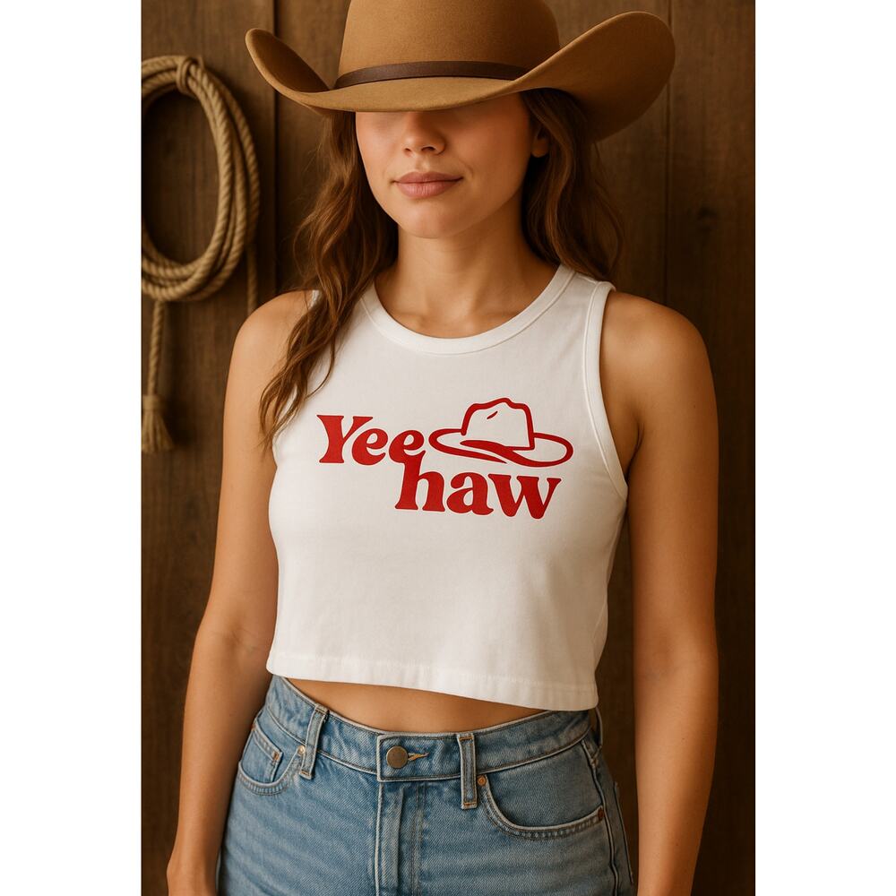 Shein X Yeehaw Crop Top S White Red Cowboy Hat Graphic Western Tank Tee